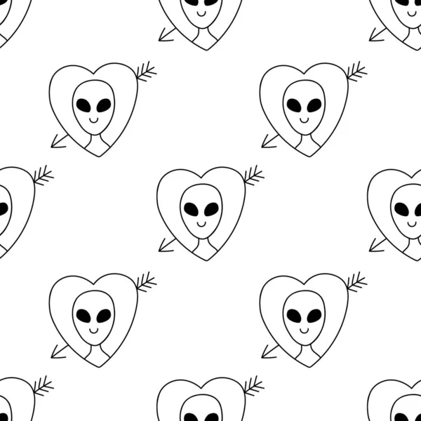 Modèle Doodle Sans Couture Avec Des Extraterrestres Dans Amour Cupidon — Image vectorielle