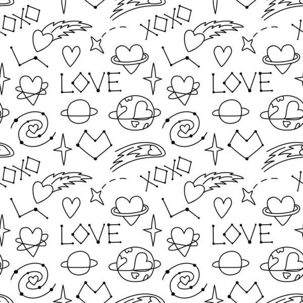Fundo Cósmico Padrão Doodle Estilo Sem Costura Ilustrações Contorno Amor — Vetor de Stock
