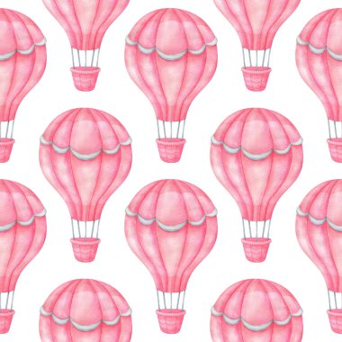 Pembe hava balonu. Suluboya balonuyla kusursuz desen. Beyaz arka planda uçan sevimli bir makine. Kumaş, tekstil ve kağıt için çocuk baskısı