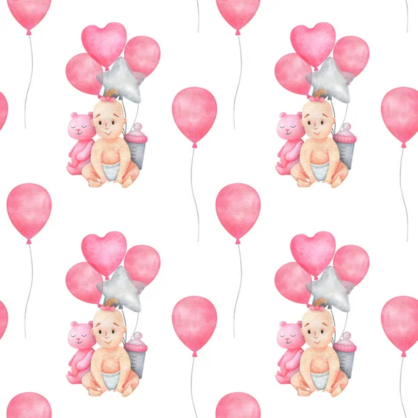 新生児の女の子とピンクの風船でシームレスなパターン 休日のための子供やエアボールと水彩背景 性別が明らかに 誕生日 ベビーシャワー スクラップブッキング用の印刷 — ストック写真
