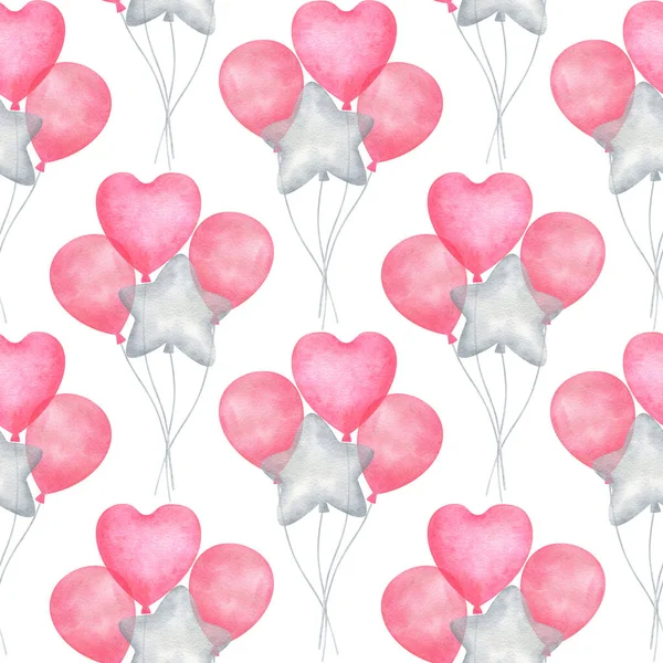Balões Cor Rosa Padrão Sem Costura Com Bola Azul Aquarela — Fotografia de Stock