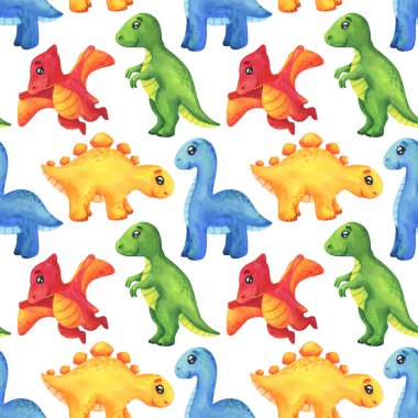 Renkli dinozorların kusursuz deseni. Tyrannosaurus, pterodactyl, stegosaurus, beyaz arka planda diplodocus. Çocuk dinazor baskısı karikatür tarzı kumaş, kağıt, duvar kağıdı