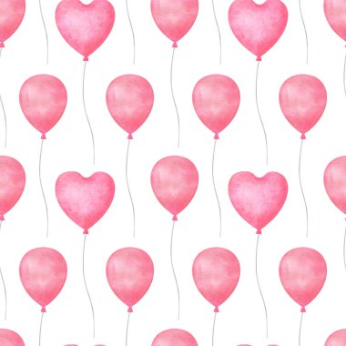 Pembe balonlu kusursuz desen. Beyaz arka planda suluboya balonlar. Festivalsel kumaş, kağıt, tekstil, hatıra defteri için romantik baskı