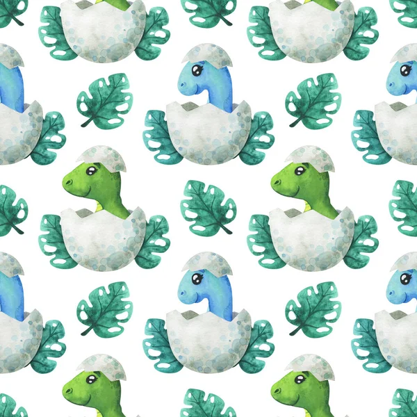 Seamless Pattern Baby Dinosaurs Green Blue Dinosaur Egg White Background — Stock Photo, Image