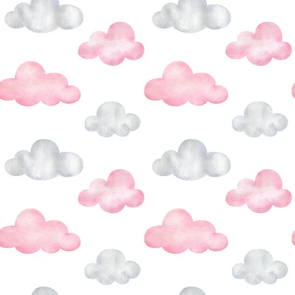 ピンクの雲とシームレスなパターン 白い背景に水彩の空 子供の生地 スクラップブッキングのための漫画のプリント — ストック写真
