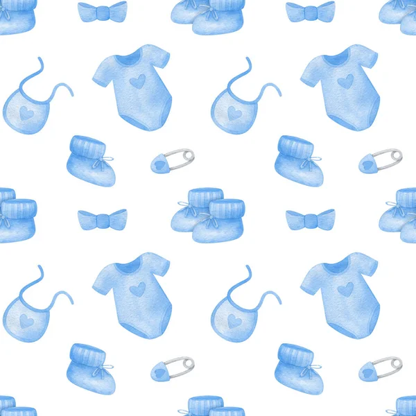 Yeni doğmuş bir çocuk için kusursuz bir örnek. Beyaz arka planda bir bebek için suluboya bebek kıyafetleri. Bebek kumaşı, kağıt, tekstil, hatıra defteri, bebek partisi için karikatür baskısı