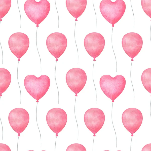 Pembe balonlu kusursuz desen. Beyaz arka planda suluboya balonlar. Festivalsel kumaş, kağıt, tekstil, hatıra defteri için romantik baskı