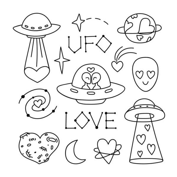 Obrys Vektorové Kresby Ufo Alien Láska Stylu Doodle Romantický Valentýnský — Stockový vektor