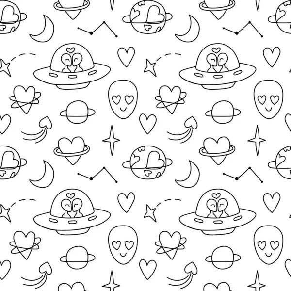 Seamless Doodle Pattern Loving Aliens Ufos Space Background Contour Drawings — Stock Vector