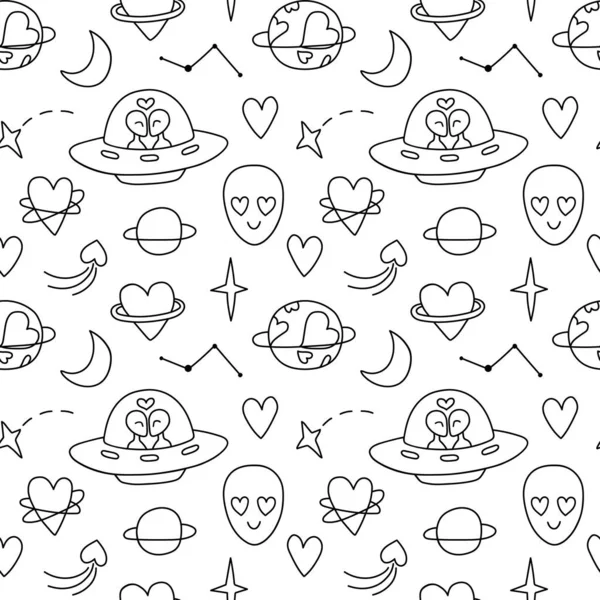 Naadloze Doodle Patroon Met Liefdevolle Aliens Ufo Ruimte Achtergrond Met — Stockvector