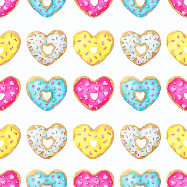 Donuts Con Glaseado Colorido Patrón Divertido Con Una Ilustración Acuarela —  Fotos de Stock
