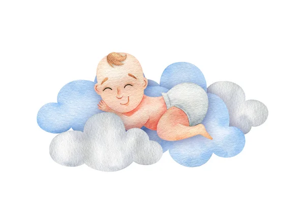 Ein Kleiner Junge Schläft Auf Den Wolken Aquarell Illustration Eines — Stockfoto