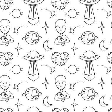 Kozmik arka plan. UFO, aşık uzaylı karalama tarzında kusursuz bir model. Uçan dairelerle çizilmiş çocuk çizimleri. Kumaş ve duvar kağıtları için örnek yazdır