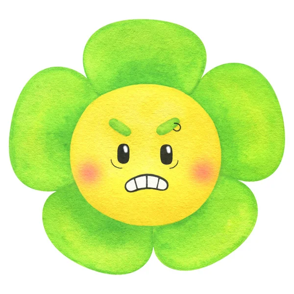 有一张邪恶的脸的明亮的绿色花朵 创意水彩画 有趣的印刷与花卉笑隔离在白色的背景 具有特性的卡通植物 — 图库照片