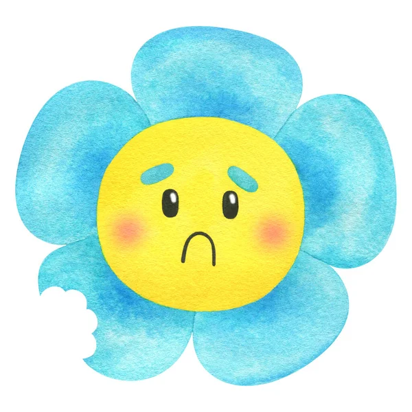 悲しい顔をした明るい青の花 水彩画のイラスト 白い背景に孤立した花の笑顔で面白いプリント キャラクターを持つ漫画の植物 — ストック写真