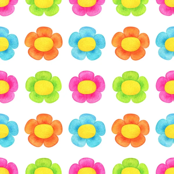 Nahtloses Muster Mit Bunten Cartoon Blüten Blau Orange Gelb Rosa — Stockfoto