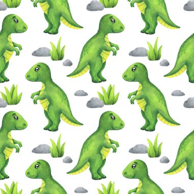 Yeşil bir dinozorla kusursuz bir desen. Tyrannosaurus Rex taşlı beyaz bir arka planda. Çocuk T-Rex dino baskısı. Çizgi film tarzı. Kumaş, kağıt, duvar kağıdı.