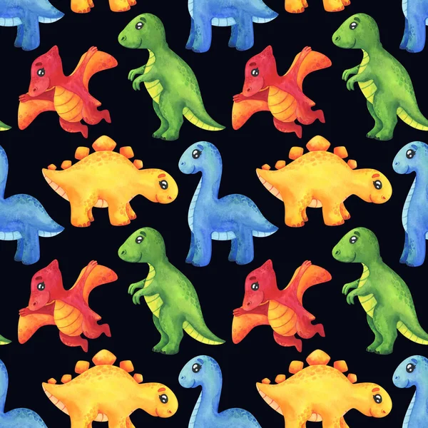 Бесшовный Рисунок Красочными Динозаврами Тираннозавр Птеродактиль Стегозавр Диплодок Тёмном Фоне — стоковое фото