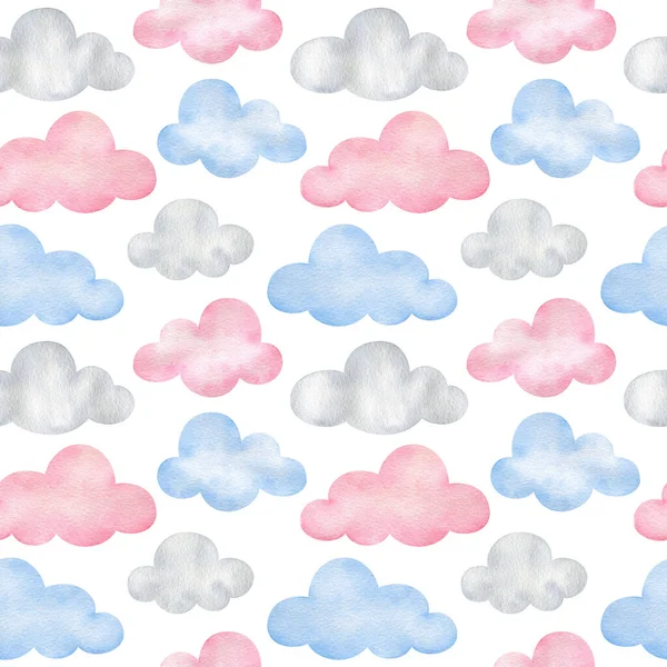 青い雲とピンクの雲のシームレスなパターン 白い背景に水彩の空 子供の生地 スクラップブッキングのための漫画のプリント — ストック写真
