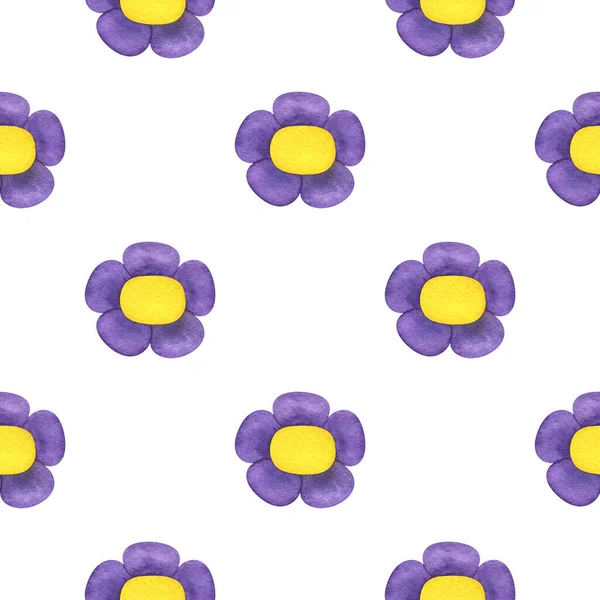 无缝隙图案与明亮的卡通画紫色花朵 水彩花的创意背景 包装材料 纺织品的夏美设计 — 图库照片