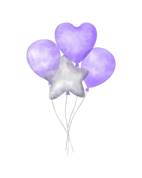 Una Composición Globos Gris Púrpura Acuarela Pintada Mano Clipart Aislado —  Fotos de Stock