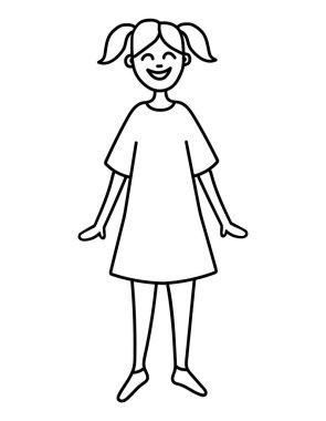 Karalama tarzında bir adamın çizimi. Gülümseyen bir kızın doğrusal çizimini yap, el çizimi bir elbisenin içinde duran basit bir kadın.