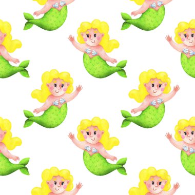 Denizkızlarıyla kusursuz desen, suluboya çizgi film karakterleriyle süs. Beyaz arka planda sarı saçlı vücut kızı var. Bir çocuk parmak izi örneği.