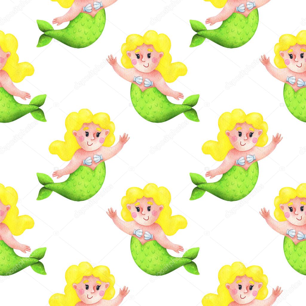 Seamless pattern with mermaids, ornament with watercolor cartoon characters. Body positive yellow-haired mermaid on a white background. A sample of a children's print