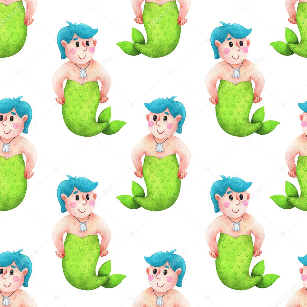 Seamless pattern with male mermaids, ornament with watercolor cartoon characters. Body positive mermaid boy with blue hair on a white background. A sample of a children's print