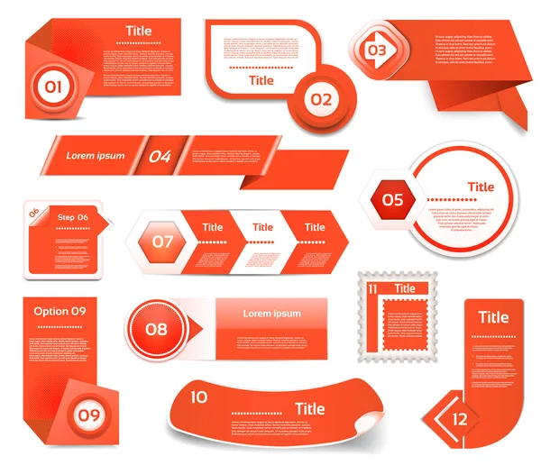 Set di progressi vettoriali rossi, versione, icone passo. punti 10 — Vettoriale Stock