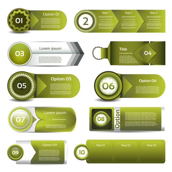 Set of green vector progress, version, step icons. eps 10 — Stock Vector