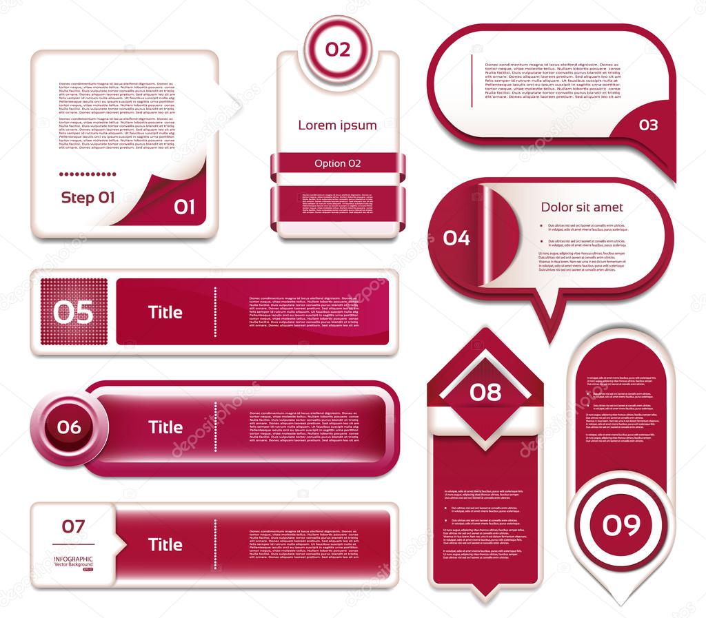 Set of red-violet vector progress, version, step icons. eps 10