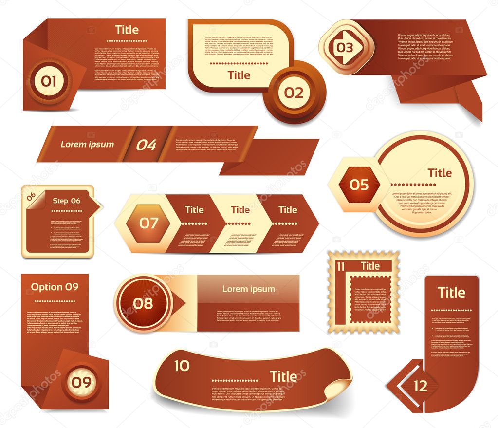 Set of brown vector progress, version, step icons. eps 10