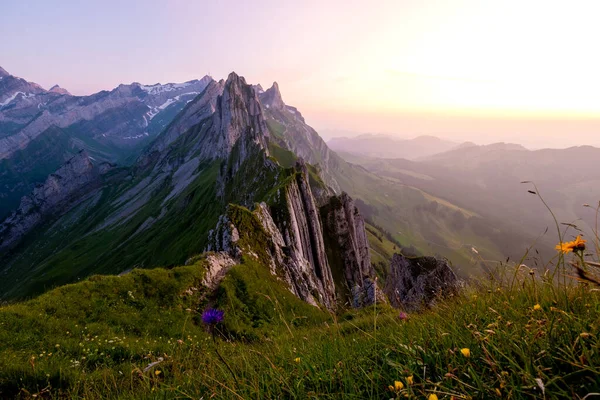 Schaefler Altenalptuerme mountain ridge swiss Alpstein alpine Appenzell Innerrhoden Suíça, um cume íngreme do majestoso pico Schaefler na cordilheira Alpstein Appenzell, Suíça — Fotografia de Stock