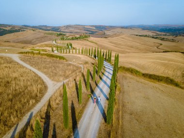 Tuscany manzarası, tahıl tarlaları, selvi ağaçları ve gün batımında tepelerde evler. Tuscany, İtalya, Avrupa, İtalya, Tarım Bakolenosu 'nda kıvrımlı yolu olan yaz kırsal arazisi 