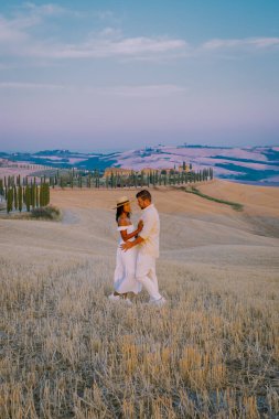 Tuscany manzarası, tahıl tarlaları, selvi ağaçları ve gün batımında tepelerde evler. Tuscany, İtalya, Avrupa, İtalya, Tarım Bakolenosu 'nda kıvrımlı yolu olan yaz kırsal arazisi 