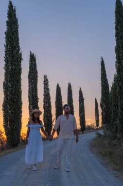 Tuscany manzarası, tahıl tarlaları, selvi ağaçları ve gün batımında tepelerde evler. Tuscany, İtalya, Avrupa, İtalya, Tarım Bakolenosu 'nda kıvrımlı yolu olan yaz kırsal arazisi 