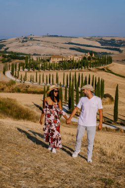 Tuscany manzarası, tahıl tarlaları, selvi ağaçları ve gün batımında tepelerde evler. Tuscany, İtalya, Avrupa, İtalya, Tarım Bakolenosu 'nda kıvrımlı yolu olan yaz kırsal arazisi 