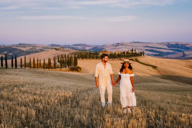 Tuscany manzarası, tahıl tarlaları, selvi ağaçları ve gün batımında tepelerde evler. Tuscany, İtalya, Avrupa, İtalya, Tarım Bakolenosu 'nda kıvrımlı yolu olan yaz kırsal arazisi 