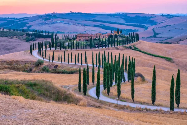 Toscane landschap met graanvelden, cipressen en huizen op de heuvels bij zonsondergang. Zomer landelijk landschap met gebogen weg in Toscane, Italië, Europa, Italië, Agriturismo Baccoleno — Stockfoto