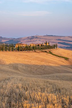 Toskana, Girit Senesi kırsal günbatımı manzarası. Köy çiftliği, selvi ağaçları, yeşil alan, güneş ışığı ve bulut. İtalya, Avrupa ve Tuscany, İtalya ve Avrupa 'da kıvrımlı yolu olan yaz kırsal arazisi