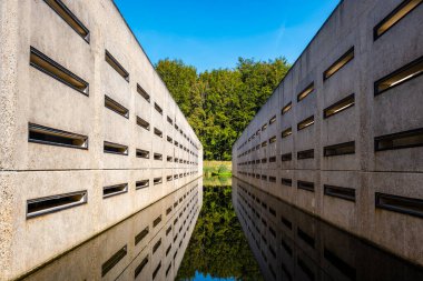 Waterloopbos Vollenhove Flevoland Hollanda 'daki beton bloklar, suyun belli yapılara tepkisini test etmek için kullanılır. Hollanda ormanında sonbahar