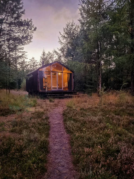 Cabane en bois dans la forêt d'automne aux Pays-Bas, cabane hors réseau, cabane en bois entourée d'arbres d'automne jaunes et rouges colorés — Photo