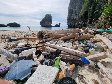 Kho Phi Phi Tayland plajları, Tayland Okyanusu 'nda plastik şişe ve çöp dolu. Tropik bir plajda toplam kirlilik.