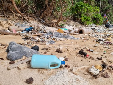 Kho Phi Phi Tayland plajları, Tayland Okyanusu 'nda plastik şişe ve çöp dolu. Tropik bir plajda toplam kirlilik.