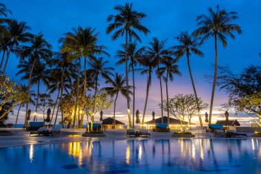 Tayland 'da gün batımında palmiye ağaçlarıyla dolu lüks yüzme havuzu