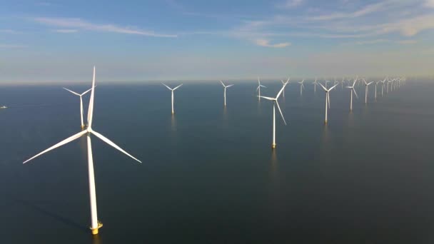 早朝に風力タービン、オランダの風力発電所公園。空中から見た風力タービン、風力公園のドローンビュー｜Westmeerdijka湖の風車農場IJsselmeer最大のもの — ストック動画
