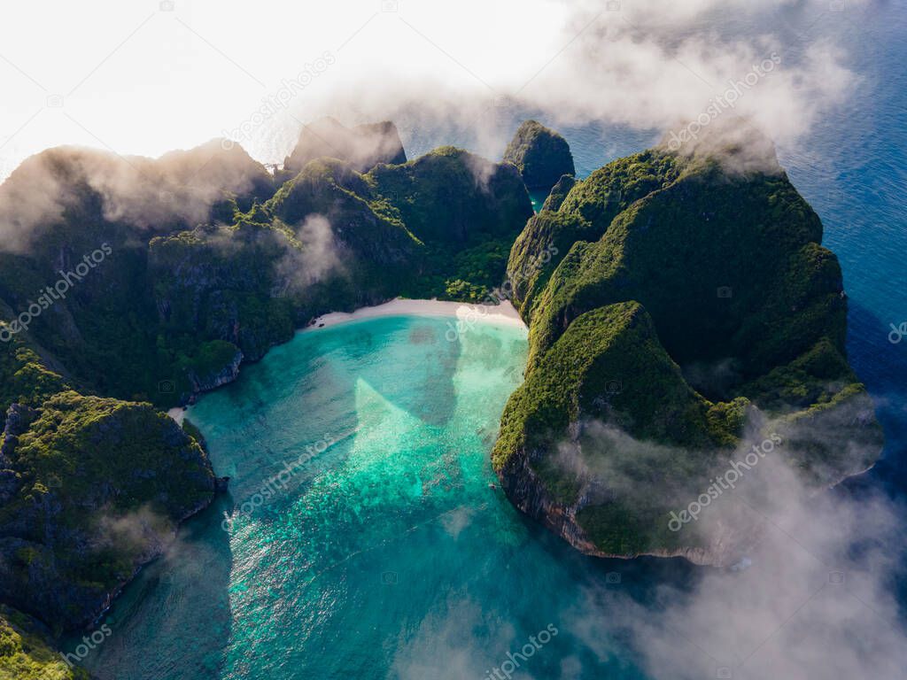 Maya Bay Koh Phi Phi Thailand, Drone aerial view of Maya Bay Koh Phi Phi Thailand