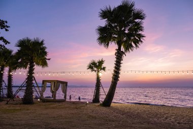 NaJomtien Pattaya Tayland, Sahilde hamak Gün batımında palmiye ağaçları