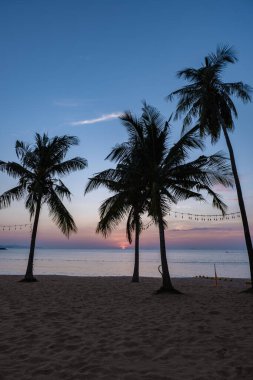 Najomtien plajı Pattaya Tayland, palmiye ağaçlı tropik bir sahilde gün batımı